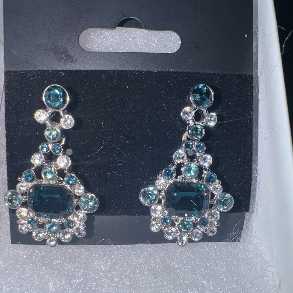 GIVENCHY (signed) gorgeous sparkly silver tone, blue stone dangle earrings.